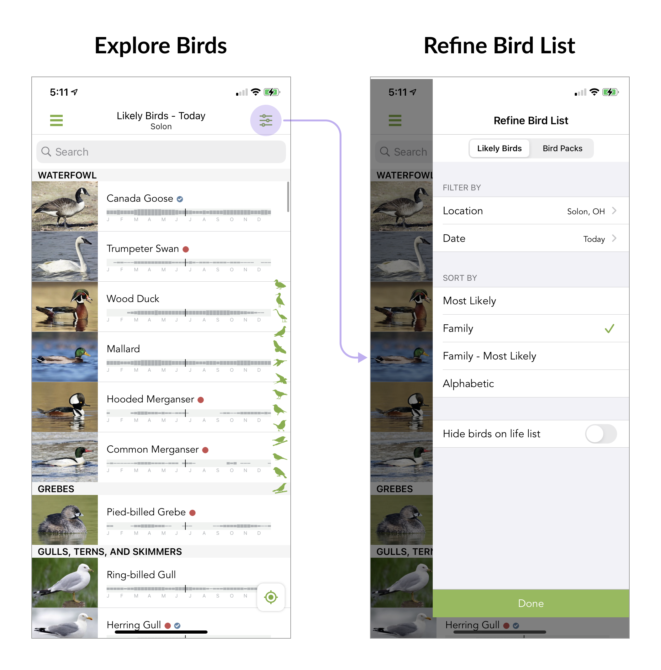 Explore Birds filter side panel